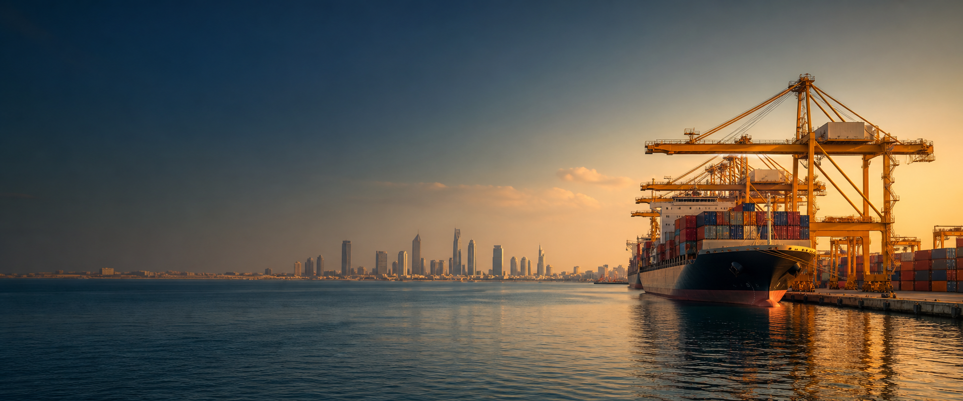 Cargo terminal on the Arabian Gulf at sunset